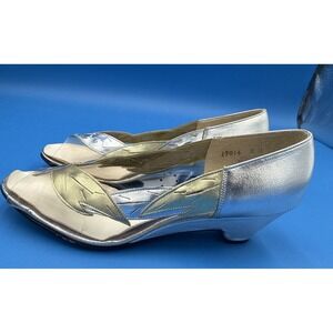 VTG California Magdesians Silver Gold Leaf Clear Vinyl Peep Toe Heels Sz 8
